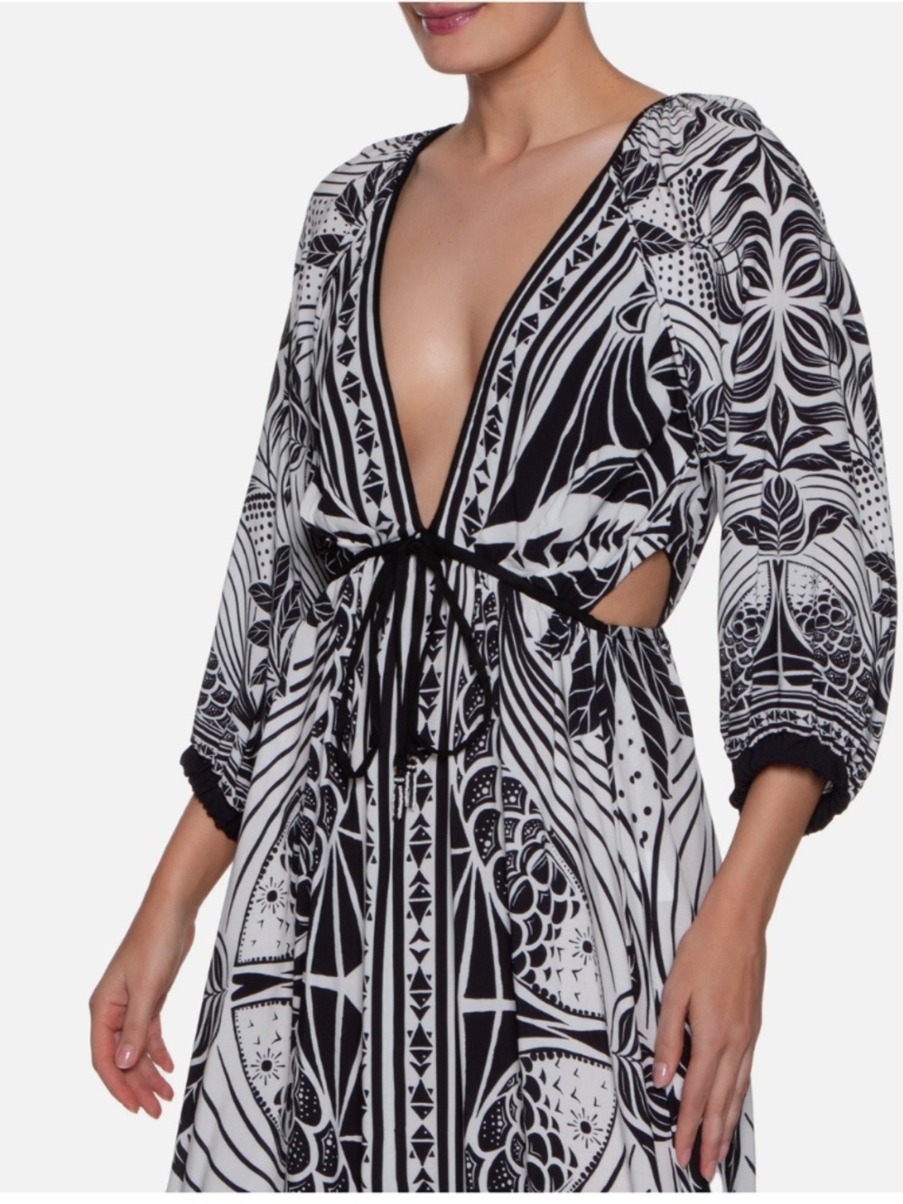 Farm Rio Longo Foz Black White V-Neck Cut Out Sides Dress Nwt M - Picture 3 of 8